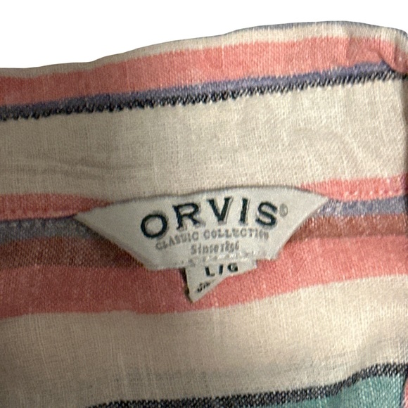 Orvis Linen Blend Striped Button Front Shirt Large Coastal Summer Top - Picture 2 of 5